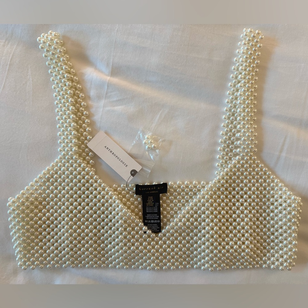 Anthropologie Pearl Embellished Crop Top - Cream